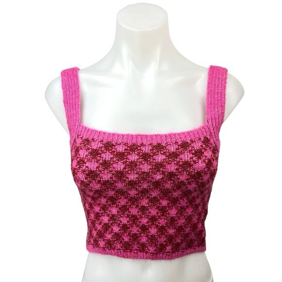 Zara Pink Wool Plaid Checkered Crochet Knit Square Neck Crop Sweater Tank Top S - Picture 1 of 5
